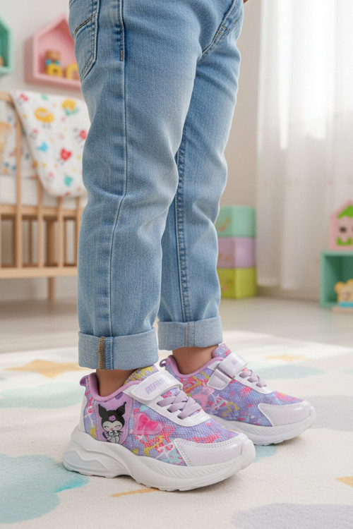 Lila Cırtlı Kalın Rahat Tabanlı Kız Çocuk Spor Ayakkabı Sneaker 2340 P