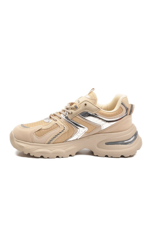 Bej-Füme Bağcıklı Kalın Tabanlı Kadın Yürüyüş ve Spor Ayakkabı Sneaker 2318