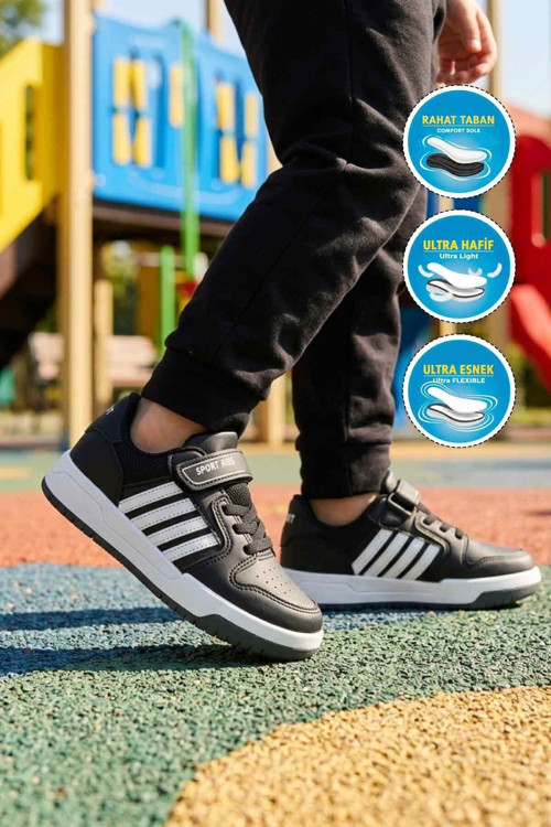 Siyah-Beyaz Cırtlı Rahat Tabanlı Erkek Çocuk Spor Ayakkabı Sneaker 752 F