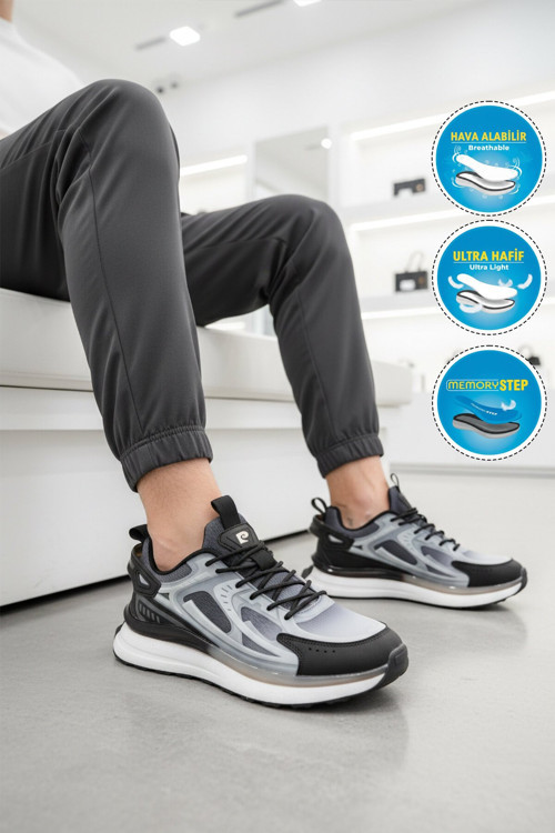 Gri-Siyah Fileli Hafızalı Hafif Rahat Köpük Tabanlı Erkek Yürüyüş ve Spor Ayakkabı Sneaker PCI-10105
