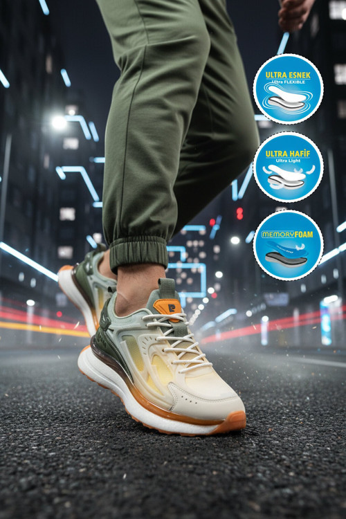 Beyaz-Haki Fileli Hafızalı Hafif Rahat Köpük Tabanlı Erkek Yürüyüş ve Spor Ayakkabı Sneaker PCI-10105