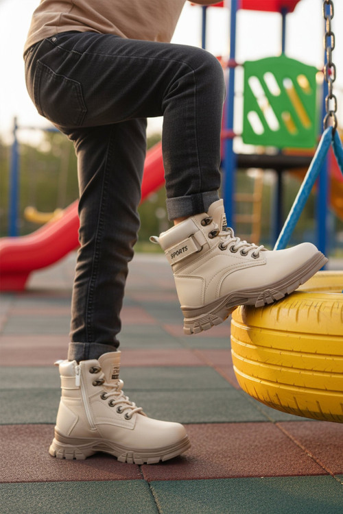 Bej-Vizon Bağcıklı Fermuarlı Kaymaz Tabanlı Unisex Çocuk Bot 24035 F