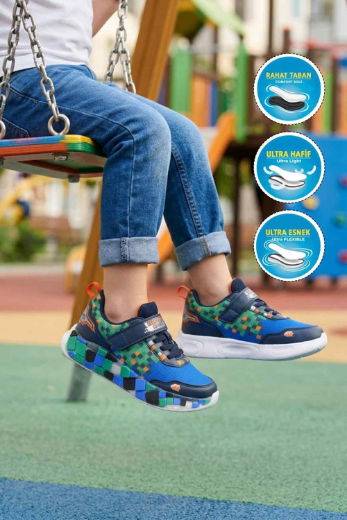 Lacivert-Beyaz Cırtlı Erkek Çocuk Spor Ayakkabı Sneaker 1030 F