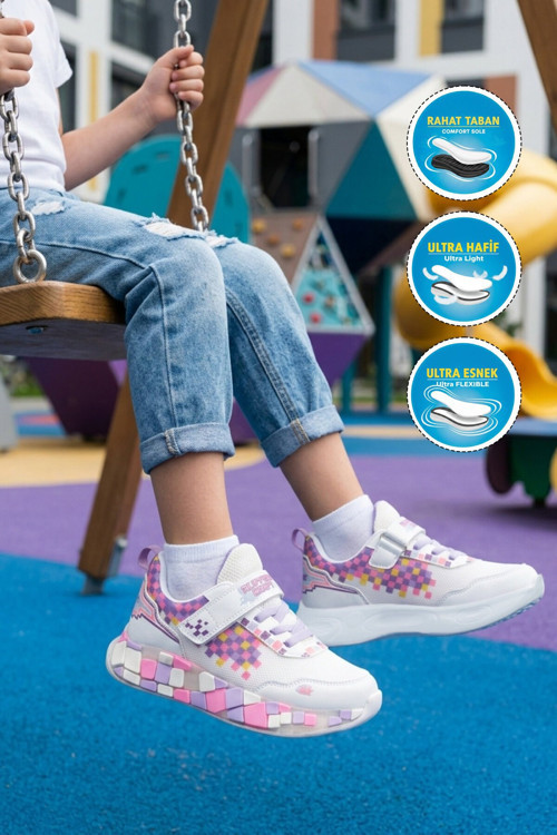 Beyaz-Lila Cırtlı Kız Çocuk Spor Ayakkabı Sneaker 1030 F