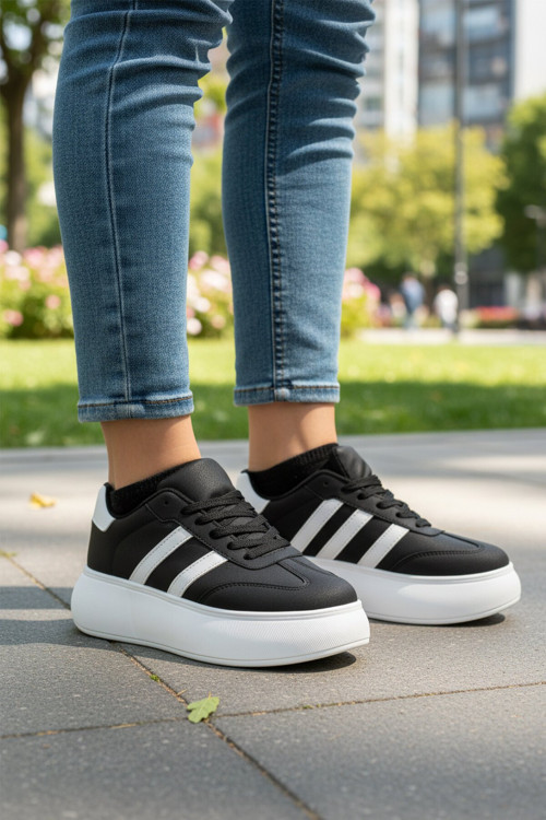 Siyah-Beyaz Kalın Tabanlı Bağcıklı Unisex Yürüyüş ve Spor Ayakkabı Sneaker DVS-01