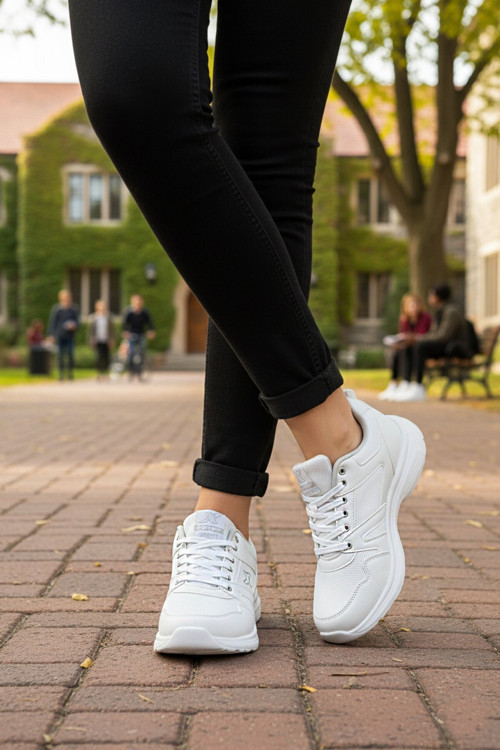 Beyaz Bağcıklı Cilt Hafif Esnek Unisex Yürüyüş ve Spor Ayakkabı Sneaker 020-Cilt