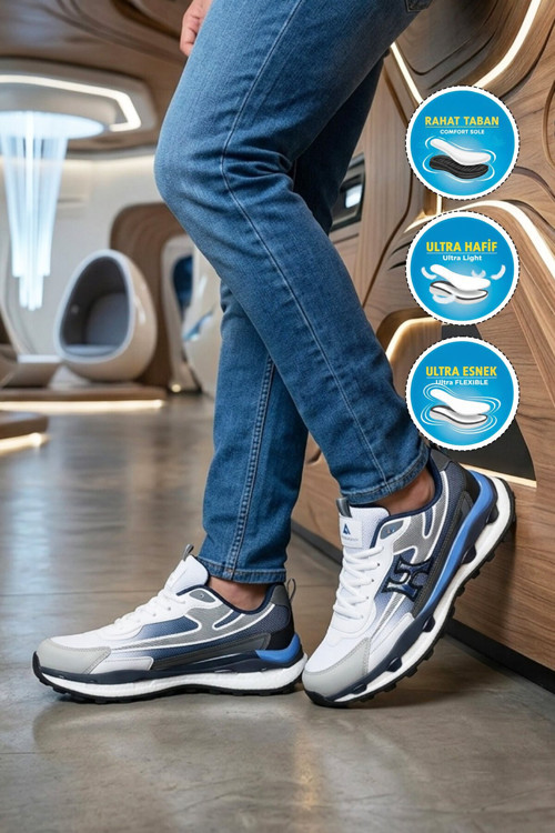 Beyaz-Sax Ortopedik Rahat Hafızalı Tabanlı Fileli Erkek Yürüyüş ve Spor Ayakkabı Sneaker 2493
