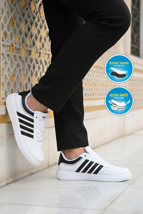 Beyaz-Siyah Bağcıklı Hafif Rahat Tabanlı Erkek Yürüyüş ve Spor Ayakkabı Sneaker Pori