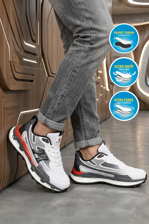 Beyaz-Kırmızı Ortopedik Rahat Hafızalı Tabanlı Fileli Erkek Yürüyüş ve Spor Ayakkabı Sneaker 2493