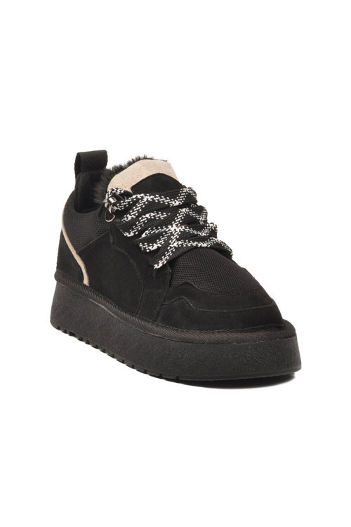 Siyah Süet Bağcıklı Kalın Tabanlı Kız Çocuk Casual Yürüyüş Ayakkabı Sneaker 412445 F