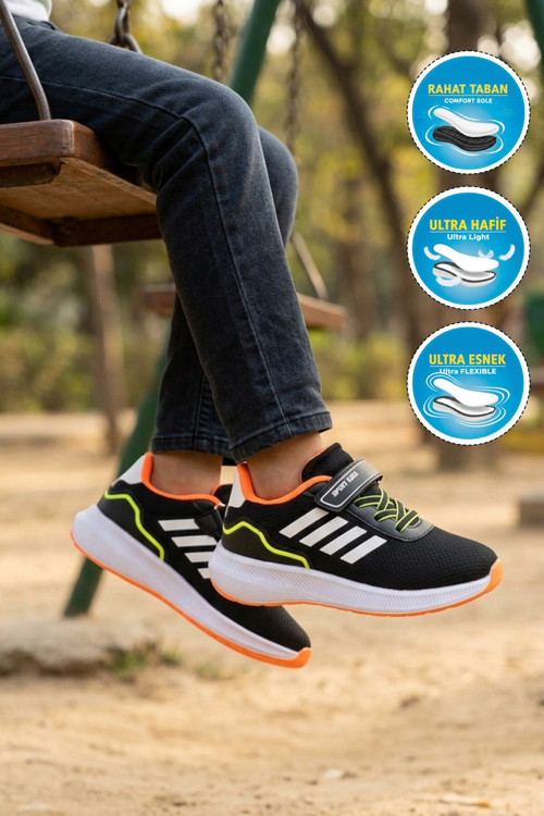 Siyah-Oranj Cırtlı Fileli Erkek Çocuk Spor Ayakkabı Sneaker 755 F