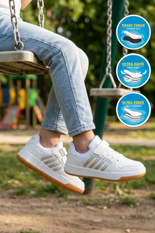 Beyaz-Gümüş Cırtlı Rahat Tabanlı Kız Çocuk Spor Ayakkabı Sneaker 752 F