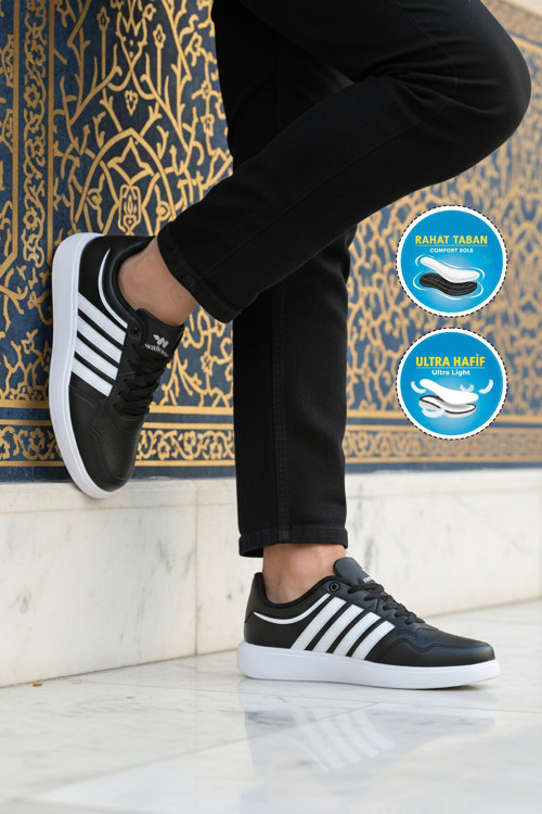 Siyah-Beyaz Bağcıklı Hafif Rahat Tabanlı Erkek Yürüyüş ve Spor Ayakkabı Sneaker Pori