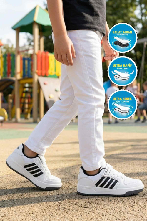 Beyaz-Siyah Cırtlı Rahat Tabanlı Erkek Çocuk Spor Ayakkabı Sneaker 752 F