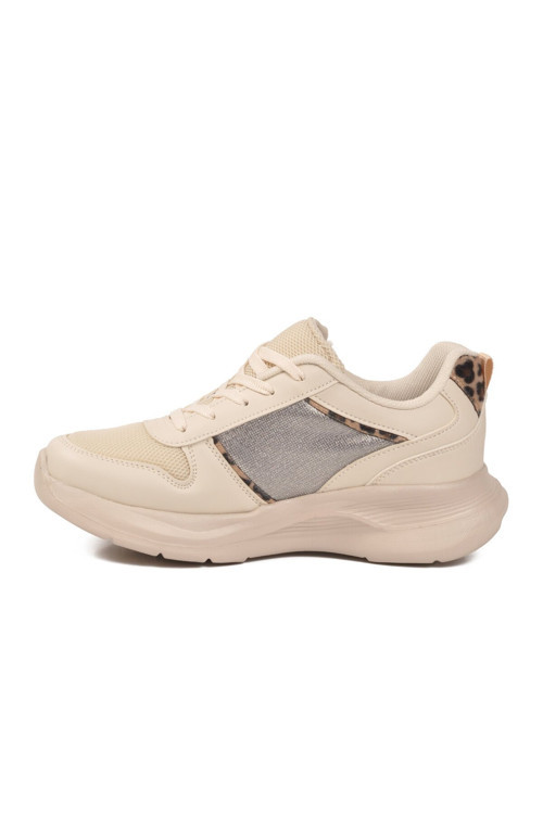 Bej Leopar Bağcıklı Kalın Tabanlı Kadın Casual Yürüyüş Ayakkabı Sneaker 1017