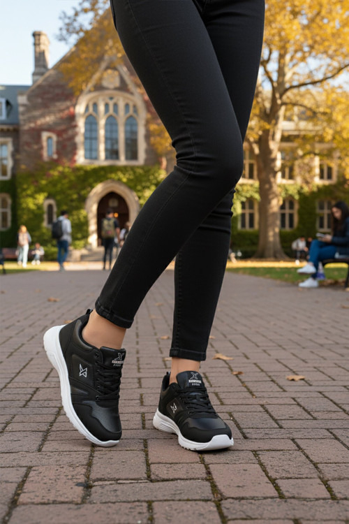 Siyah-Beyaz Bağcıklı Cilt Hafif Esnek Unisex Yürüyüş ve Spor Ayakkabı Sneaker 020-Cilt