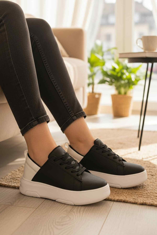 Siyah-Beyaz Kalın Rahat Tabanlı Kadın Yürüyüş ve Spor Ayakkabı Sneaker Termo DV-03