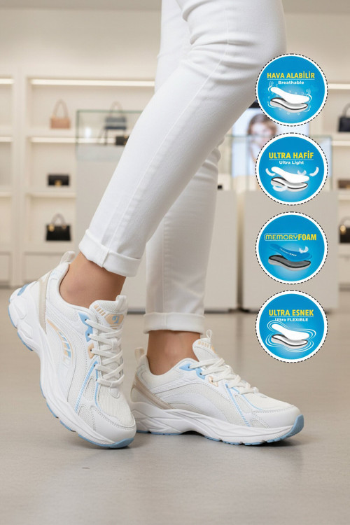 Beyaz-Mavi Fileli Nefes Alan Bağcıklı Kalın Hafızalı Rahat Taban Unisex Spor Ayakkabı PCI-11369