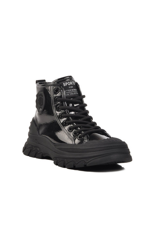 Siyah Rugan Bağcıklı Kaymaz Tabanlı Kadın Sneaker Bot 24K311-4