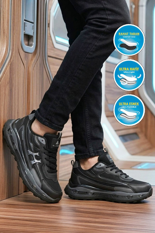 Siyah Ortopedik Rahat Hafızalı Tabanlı Fileli Erkek Yürüyüş ve Spor Ayakkabı Sneaker 2493