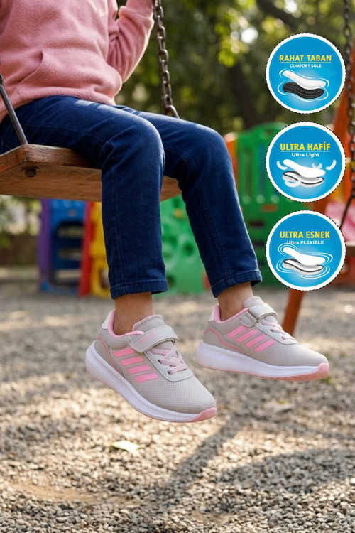 Buz-Pembe Cırtlı Fileli Kız Çocuk Spor Ayakkabı Sneaker 755 F