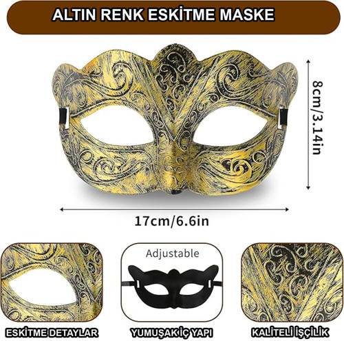 Altın Renk Eskitme Maskeli Balo Maskesi Venedik Tarzı Parti Maskesi