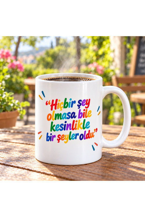 Kesinlikle Bir Şeyler Oldu Mottolu Kahve Kupası, Çift Taraflı Süblimasyon Baskı Kupa, Hediyelik Kupa, Kahve Kupası