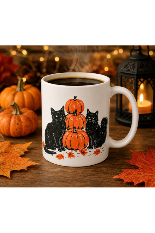 Halloween Cats, Cadılar Bayramı Temalı, Çift Taraflı Süblimasyon Baskı Kupa, Hediyelik Kupa, Kahve Kupası