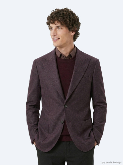 Bordo Desenli Modern Fit Yün Karışımlı Örme Ceket