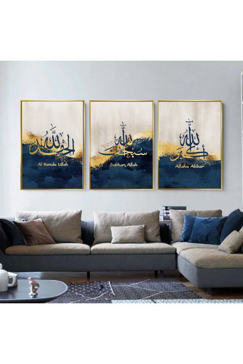 Dini Tasarım Metal Çerçeveli Kanvas Tablo Üçlü Set