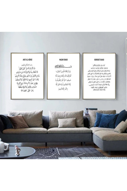 Ayet-el Kürsi, Bereket Duası, Nazar Ayeti Üçlü Kanvas Tablo Seti Metal Çerçeveli
