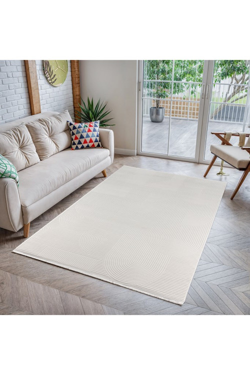 Minimalist Çizgili ve Kabartmalı Krem Kemik Renk Halı