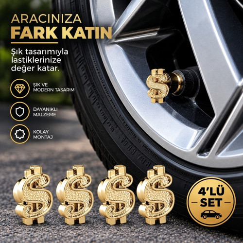 Dolar Sibop Kapağı Gold 4lü Set Metal Krom Görünümlü Oto Lastik Sibop Kapak Seti (Contalı)