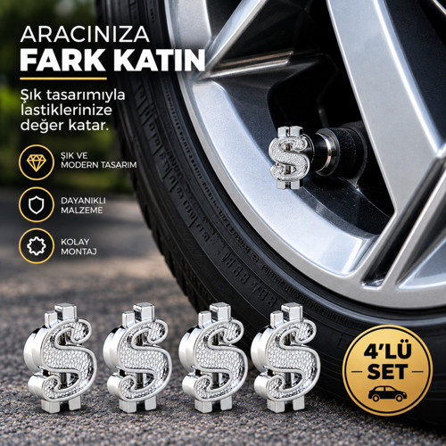 Dolar Sibop Kapağı Silver 4lü Set Metal Krom Görünümlü Oto Lastik Sibop Kapak Seti (Contalı)