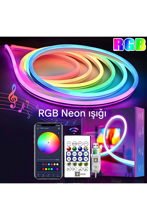 5V Rgb Neon Şerit Led Lamba 3 Metre Telefon Ve Kumanda İle Kontrol Sınırsız Renk Tak Çalıştır