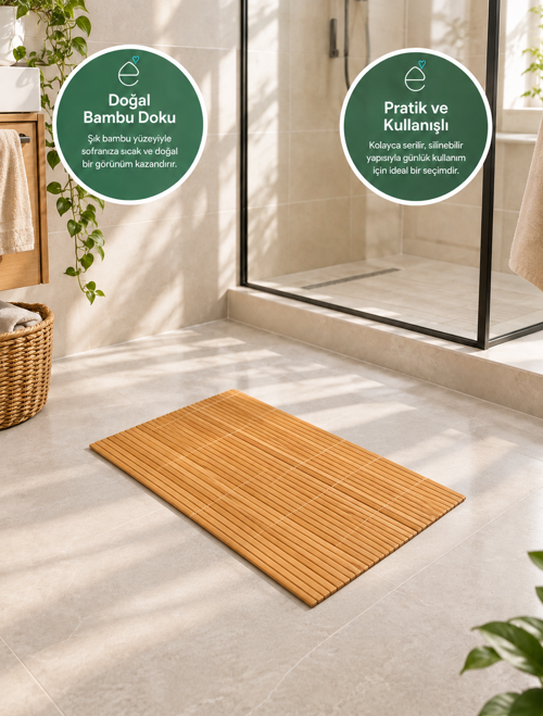 Bambu Banyo Paspası Doğal Bambu Duş Önü Paspas Dekoratif Ahşap Görünümlü Banyo ve Ev Paspası