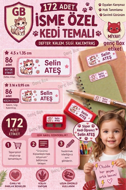 Pembe Kedi temalı Öğrenci özel isimli Etiket- Okul Kalem ve defter Etiketi Sticker Seti