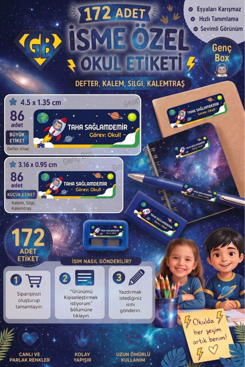 Uzay temalı öğrenci özel isimli Etiket- Okul Kalem ve defter Etiketi Sticker Seti