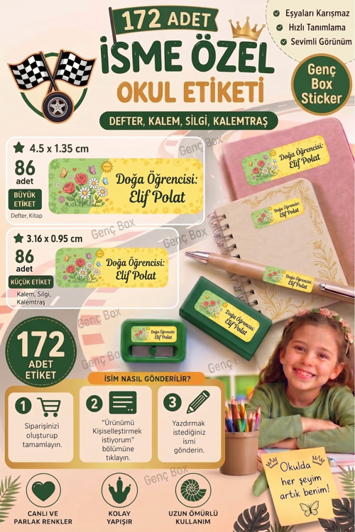 Doğa temalı öğrenci özel isimli Etiket- Okul Kalem ve defter Etiketi Sticker Seti