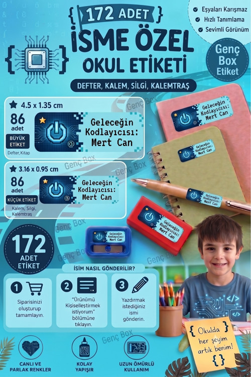 Kodlayıcı temalı öğrenci özel isimli Etiket- Okul Kalem ve defter Etiketi Sticker Seti