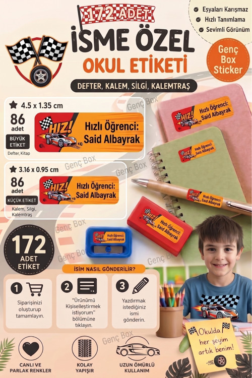 Hızlı Araba temalı öğrenci özel isimli Etiket- Okul Kalem ve defter Etiketi Sticker Seti