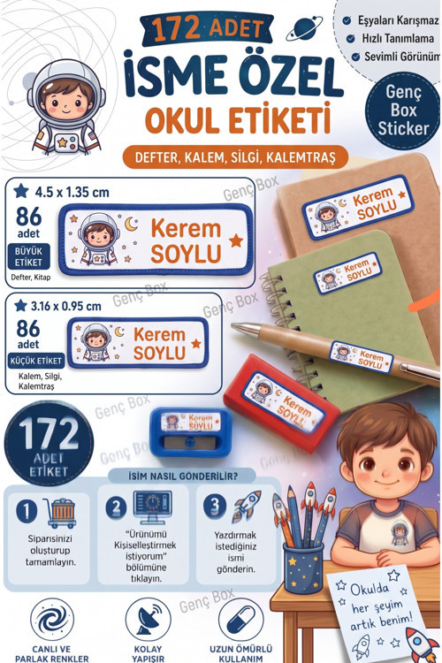 Astronot temalı öğrenci özel isimli Etiket- Okul Kalem ve defter Etiketi Sticker Seti