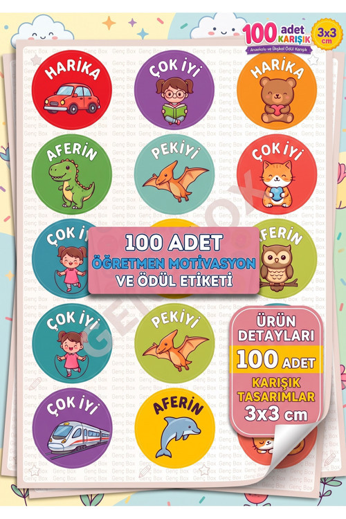 Öğretmen Motivasyon ve Ödül Etiketi 3x3 cm 100 Adet | Karışık Ödül Sticker Seti | Anaokulu ve İlkokul İçin Renkli