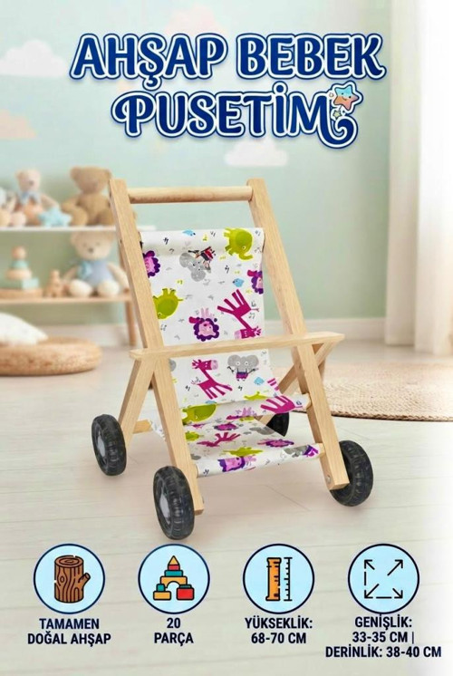 Doğal Ahşap Oyuncak Bebek Arabası & Puset - Sevimli Desenli Kumaş 20 Parça 69 CM Oyuncak