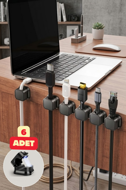 6 Adet Manyetik Kablo Tutucu Kendinden Yapışkanlı Ev Ofis Mobilya Düzenleyici Aparat Seti