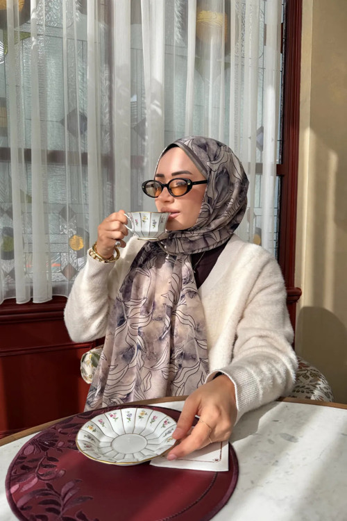 Frond Desen Hebei İpek Şal Lacivert
