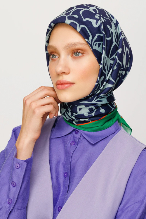 Floral Desen Dijital Soft Eşarp Lacivert