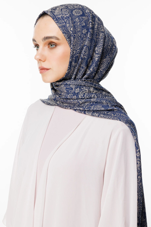 Henna Desen Çift Taraflı Şal Lacivert - Bej