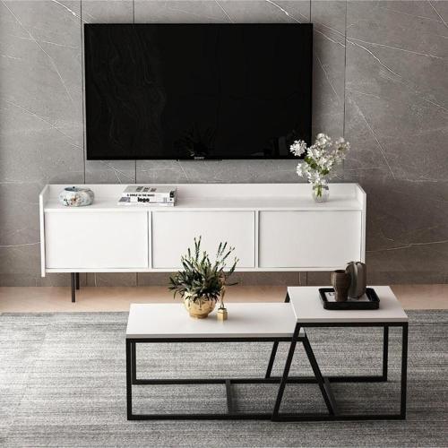 Atlas Tv Ünitesi - Minimal 2'li Orta Sehpa Beyaz Takım