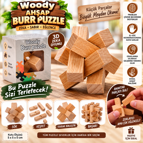 Woody Ahşap Burr Puzzle 3D Zeka Oyunu Çentikli Ahşap Parçalı El Becerisi ve Problem Çözme